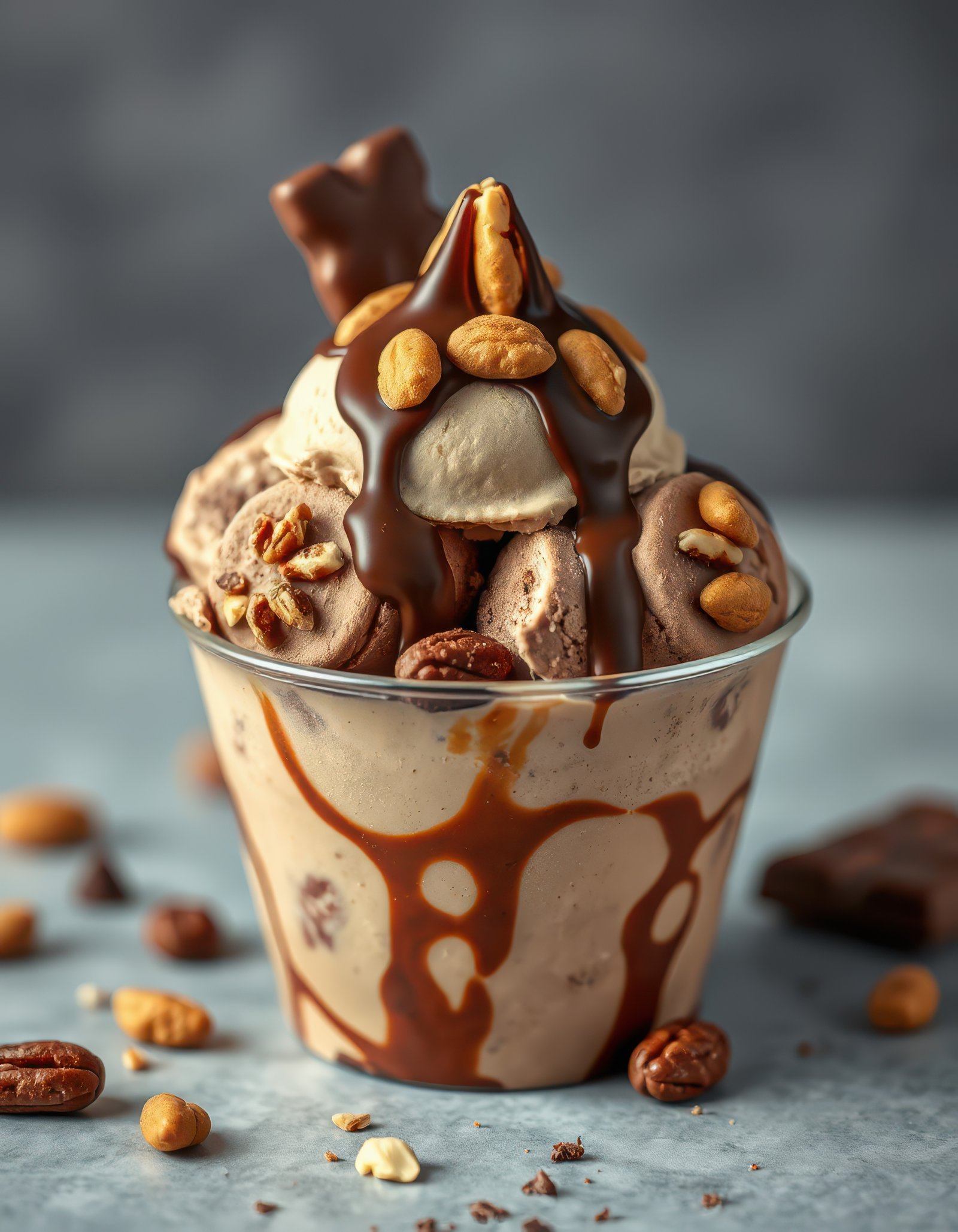 Delicious layered dessert cup with ice cream, chocolate drizzle, and nuts served on a cool surface